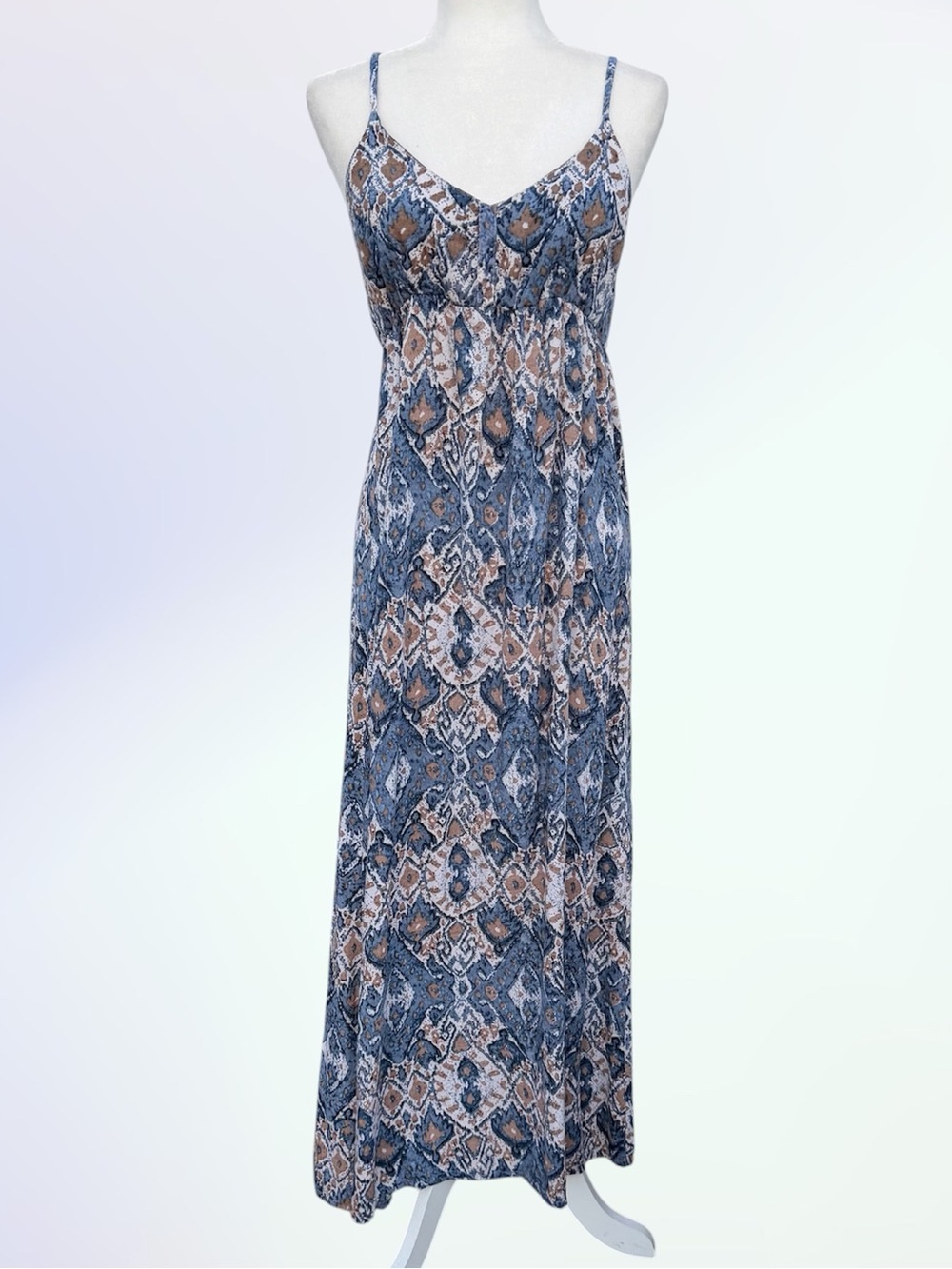 Angie Blue and Beige Ikat Print Babydoll V-Neck Spaghetti Strap Maxi Dress ~ L